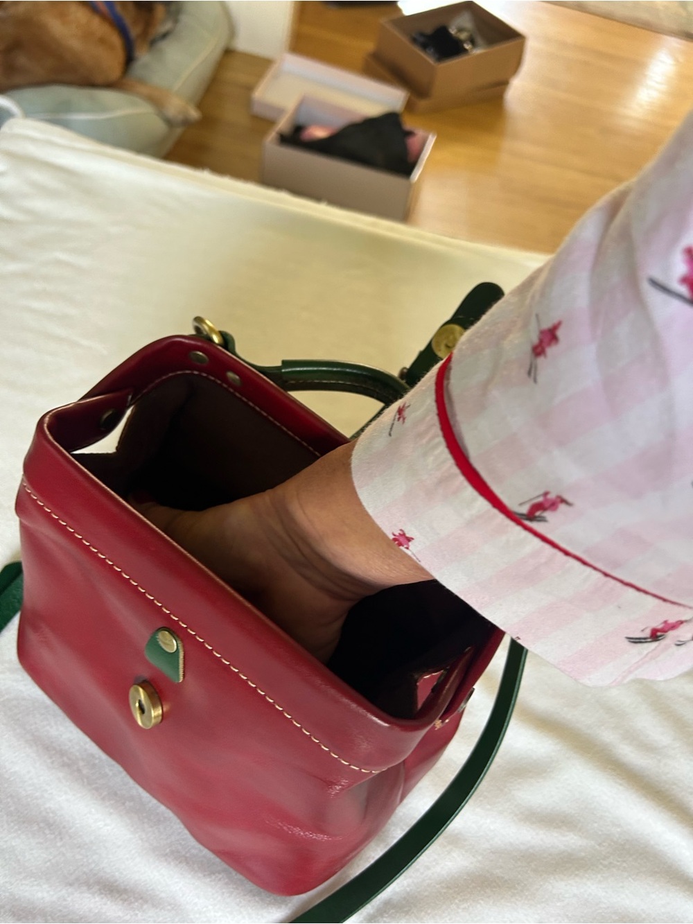 Red Leather Satchel with Green Strap - Classic Top Handle Crossbody - Picture 8 of 13